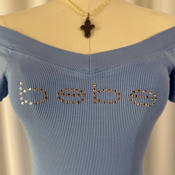Vintage Y2k Bebe Rhinestone Logo Off The Shoulder Ribbed Top Blue - Picture 3 of 5